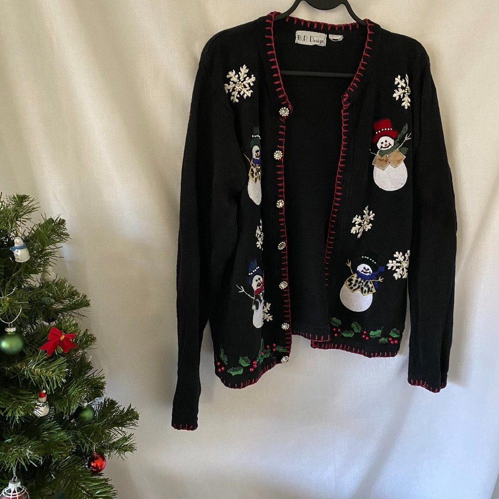 Vintage 1990s Snowman Leopard Print Black Christmas Sweater Cardigan
